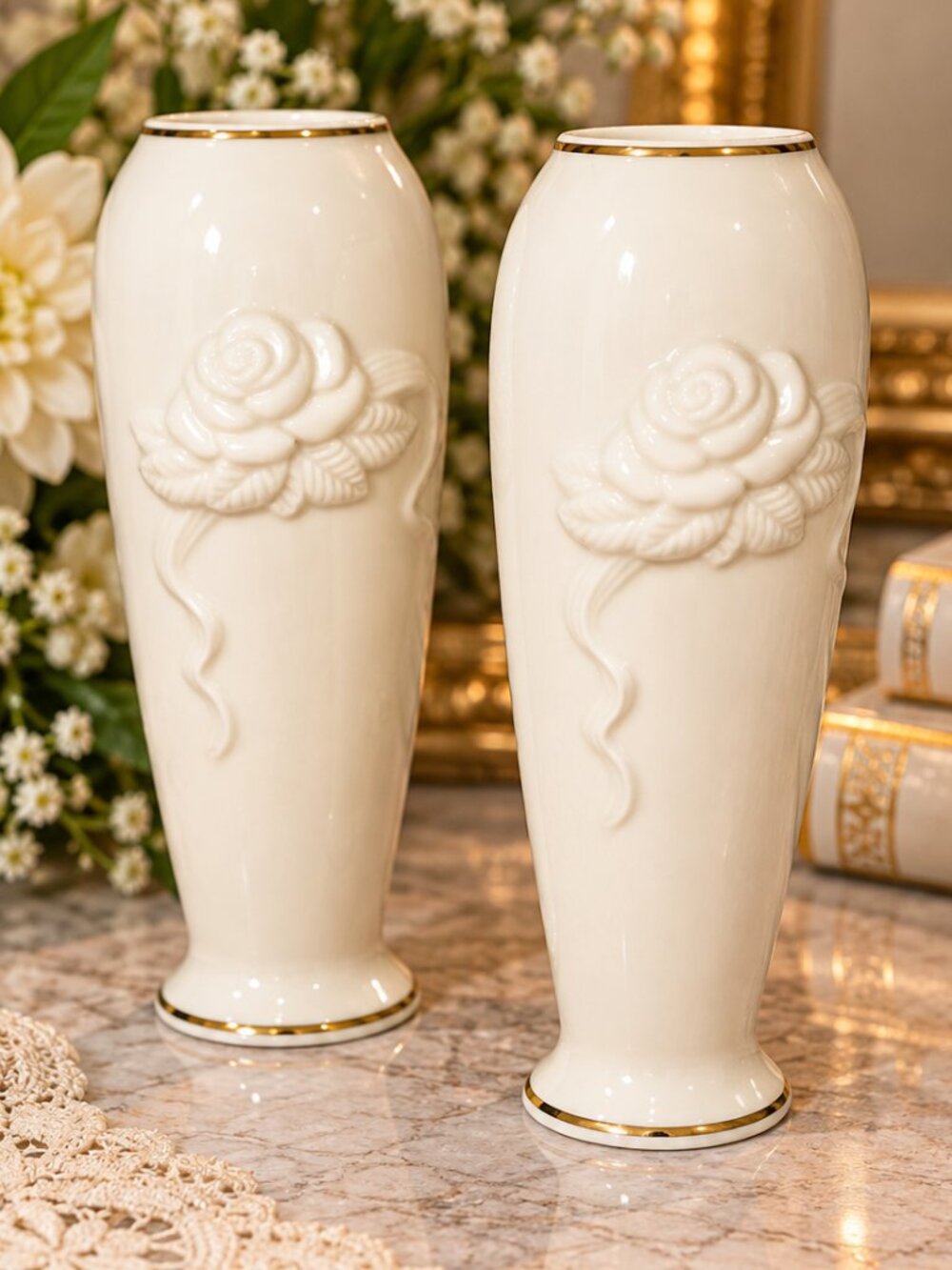 (2)The Lenox Rose Blossom Bud Vase 6” 24K Gold Trim Lenox Collection